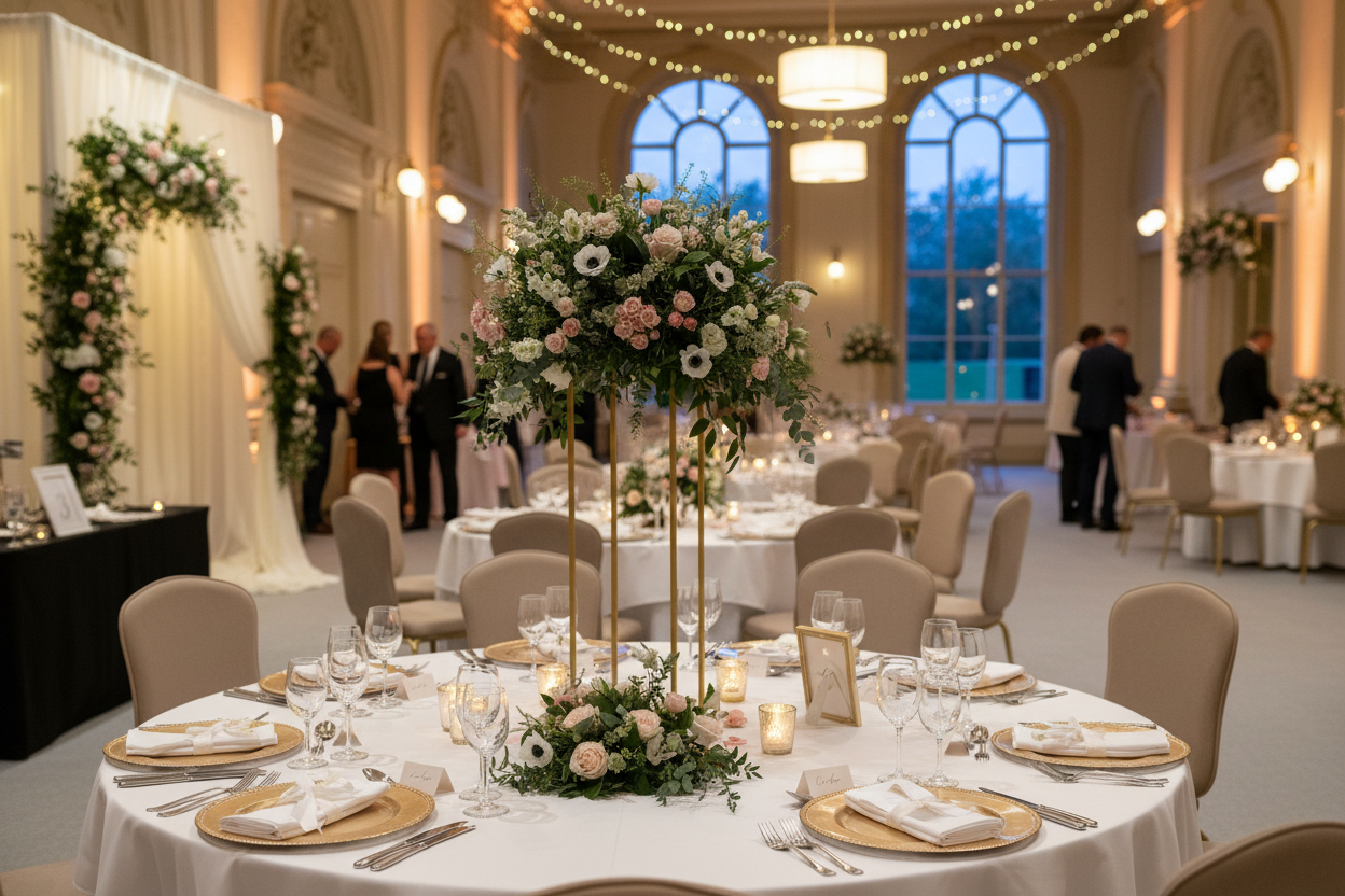 Tall wedding centrepiece on table